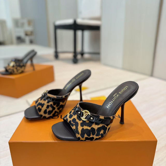 LV LEOPARD HIGH MULES IN BLACK AND BROWN FUR