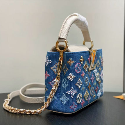 LV CAPUCINES BAG 21 PINIC IN COLORFUL DENIM GOLD HARDWARE