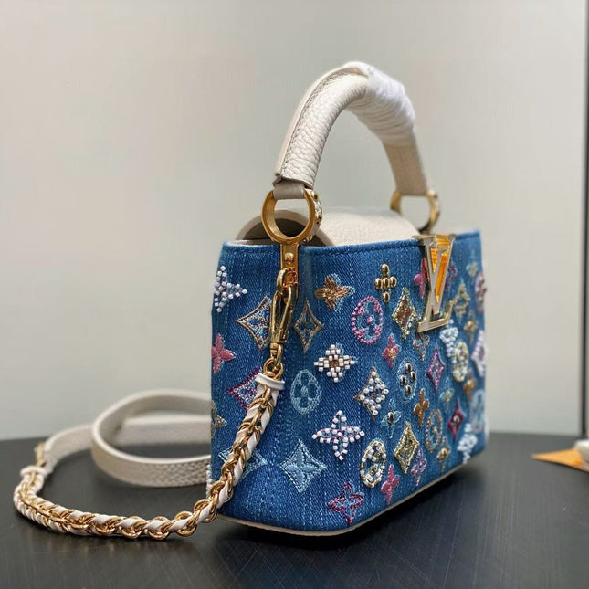 LV CAPUCINES BAG 21 PINIC IN COLORFUL DENIM GOLD HARDWARE
