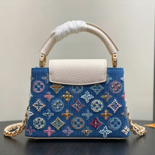 LV CAPUCINES BAG 21 PINIC IN COLORFUL DENIM GOLD HARDWARE