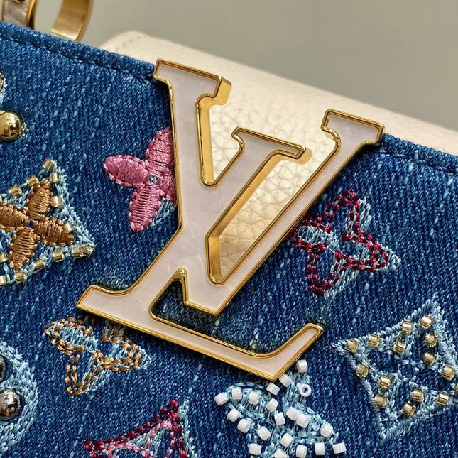 LV CAPUCINES BAG 21 PINIC IN COLORFUL DENIM GOLD HARDWARE
