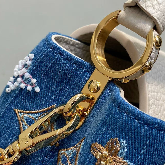LV CAPUCINES BAG 21 PINIC IN COLORFUL DENIM GOLD HARDWARE