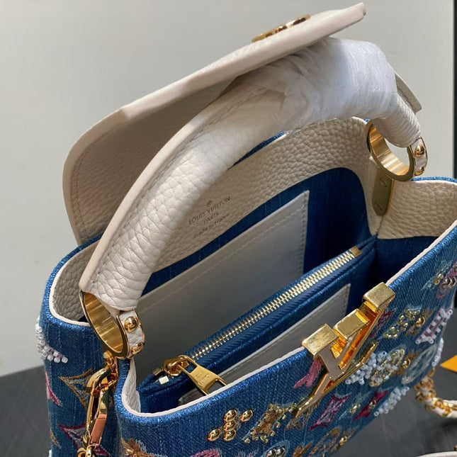LV CAPUCINES BAG 21 PINIC IN COLORFUL DENIM GOLD HARDWARE