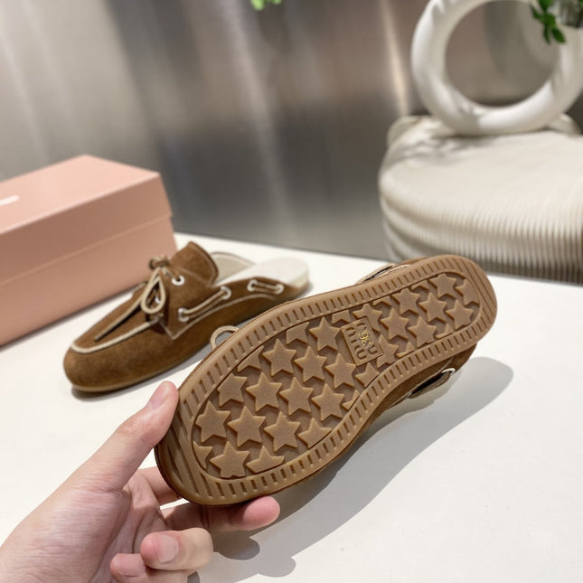 MIU FADED MULE IN BROWN ECRU SUEDE