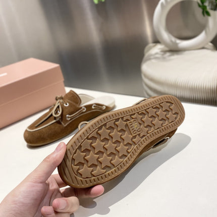 MIU FADED MULE IN BROWN ECRU SUEDE