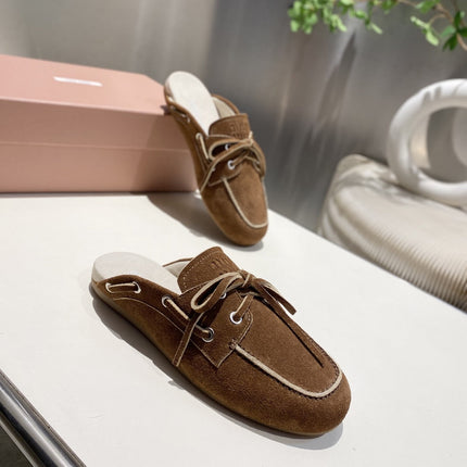 MIU FADED MULE IN BROWN ECRU SUEDE