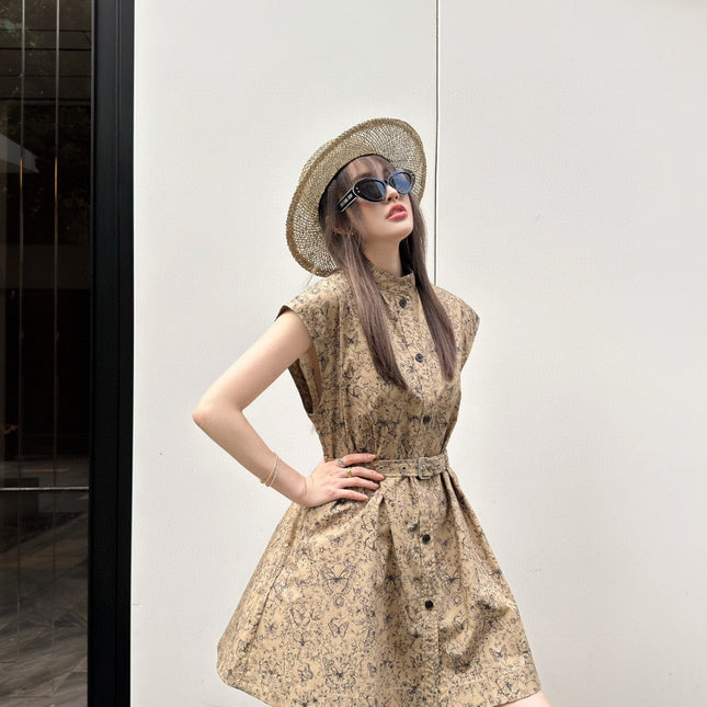 CD Short Belted Shirtdress Beige Cotton Gabardine with Black Motif