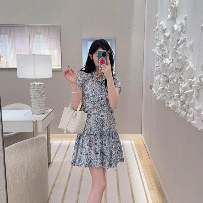 CD Short Dress White Cotton Muslin with Blue Butterfly Motif