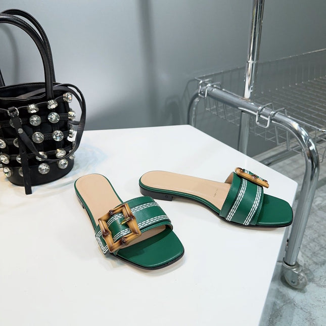 GG BAMBOO BUCKLE FLAT SANDALS GREEN