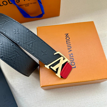 BELT 40MM REVERSIBLE IN BLACK RED MONOGRAM SHADOW CALFSKIN WITH GOLD LV BUCKLE
