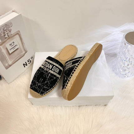 GRANVILLE ESPADRILLE BLACK OBLIQUE EMBROIDERED COTTON MULE
