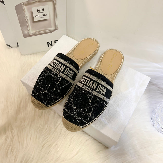 GRANVILLE ESPADRILLE BLACK OBLIQUE EMBROIDERED COTTON MULE