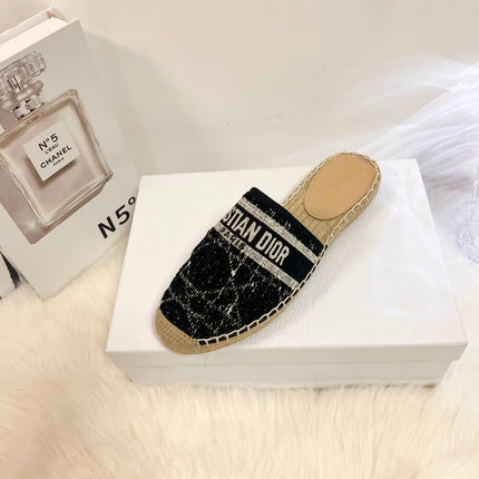 GRANVILLE ESPADRILLE BLACK OBLIQUE EMBROIDERED COTTON MULE
