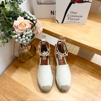 WHITE LEATHER ROCKSTUD ESPADRILLES ANKLE STRAP FLATS