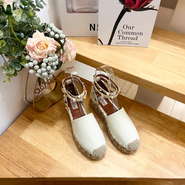 WHITE LEATHER ROCKSTUD ESPADRILLES ANKLE STRAP FLATS