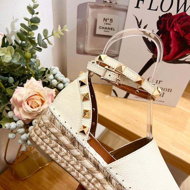 WHITE LEATHER ROCKSTUD ESPADRILLES ANKLE STRAP FLATS