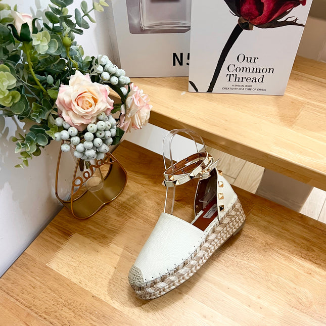 WHITE LEATHER ROCKSTUD ESPADRILLES ANKLE STRAP FLATS
