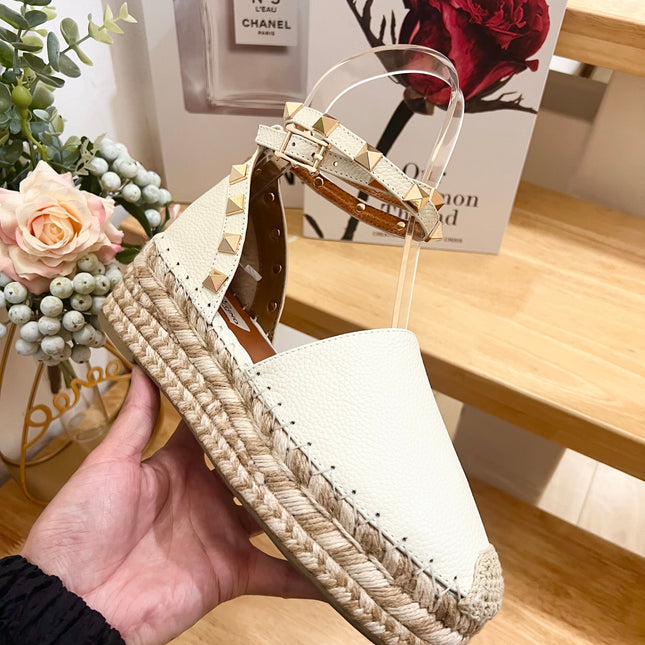 WHITE LEATHER ROCKSTUD ESPADRILLES ANKLE STRAP FLATS