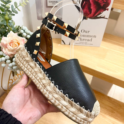 BLACK LEATHER ROCKSTUD ESPADRILLES ANKLE STRAP FLATS