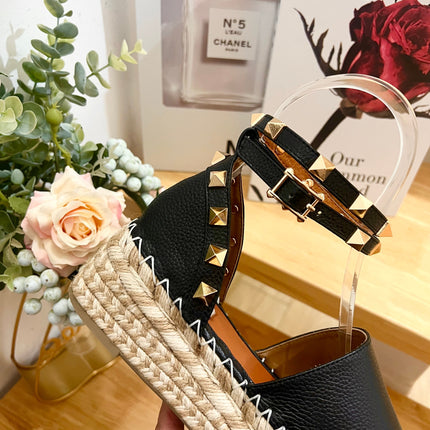 BLACK LEATHER ROCKSTUD ESPADRILLES ANKLE STRAP FLATS