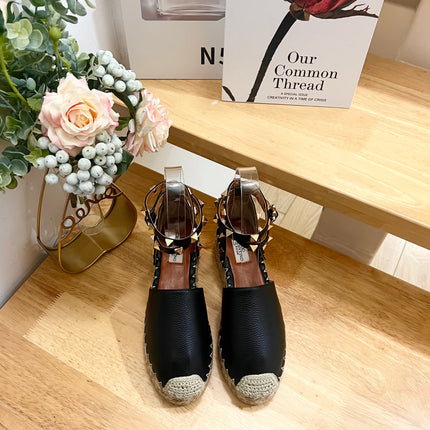 BLACK LEATHER ROCKSTUD ESPADRILLES ANKLE STRAP FLATS