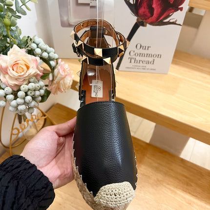 BLACK LEATHER ROCKSTUD ESPADRILLES ANKLE STRAP FLATS