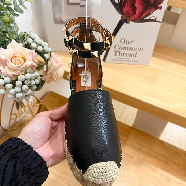 BLACK LEATHER ROCKSTUD ESPADRILLES ANKLE STRAP FLATS