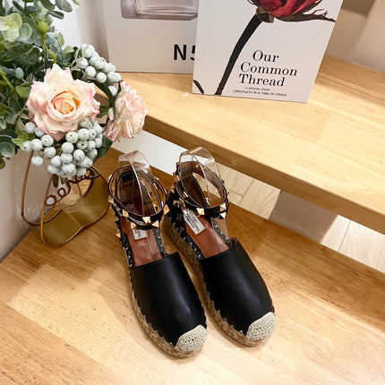 BLACK LEATHER ROCKSTUD ESPADRILLES ANKLE STRAP FLATS