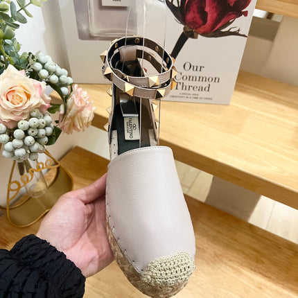 LIGHT PURPLE LEATHER ROCKSTUD ESPADRILLES ANKLE STRAP FLATS