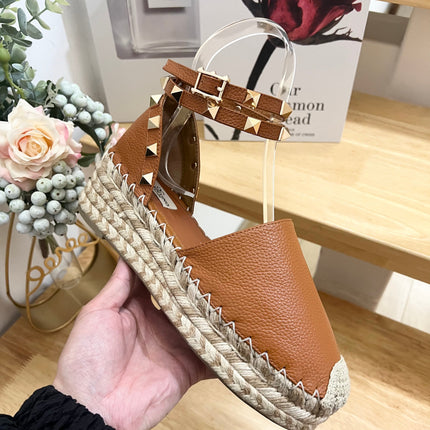 BRONZE BROWN LEATHER ROCKSTUD ESPADRILLES ANKLE STRAP FLATS