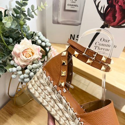 BRONZE BROWN LEATHER ROCKSTUD ESPADRILLES ANKLE STRAP FLATS