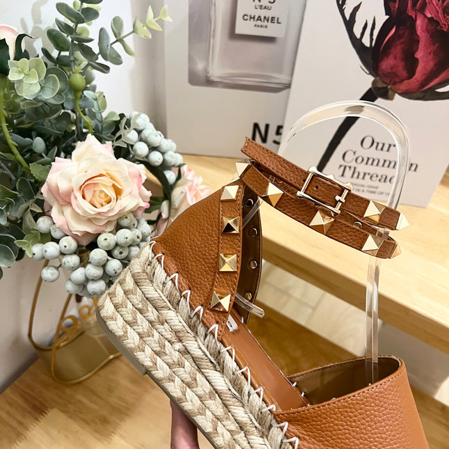 BRONZE BROWN LEATHER ROCKSTUD ESPADRILLES ANKLE STRAP FLATS