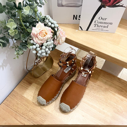 BRONZE BROWN LEATHER ROCKSTUD ESPADRILLES ANKLE STRAP FLATS