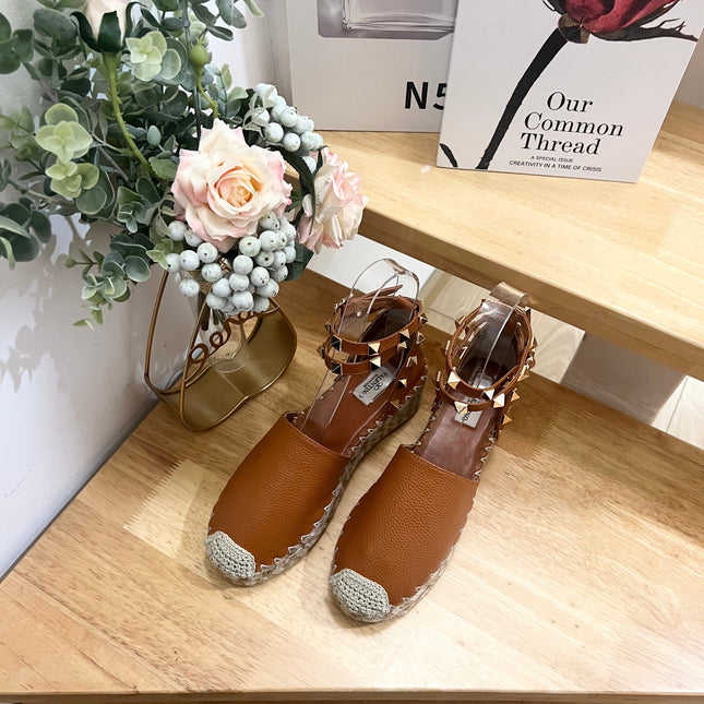 BRONZE BROWN LEATHER ROCKSTUD ESPADRILLES ANKLE STRAP FLATS