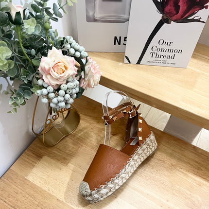 BRONZE BROWN LEATHER ROCKSTUD ESPADRILLES ANKLE STRAP FLATS