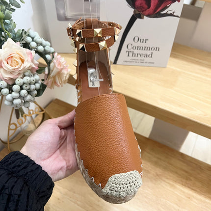 BRONZE BROWN LEATHER ROCKSTUD ESPADRILLES ANKLE STRAP FLATS