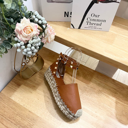 BRONZE BROWN LEATHER ROCKSTUD ESPADRILLES ANKLE STRAP FLATS