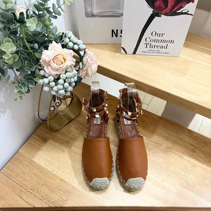 BRONZE BROWN LEATHER ROCKSTUD ESPADRILLES ANKLE STRAP FLATS
