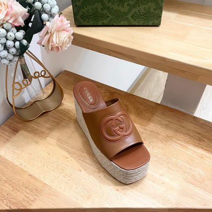 HIGH 10CM WEDGE SANDALS IN RUSSET BROWN SHEEPSKIN