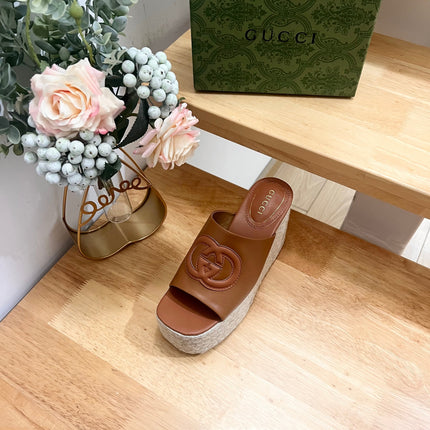 HIGH 10CM WEDGE SANDALS IN RUSSET BROWN SHEEPSKIN