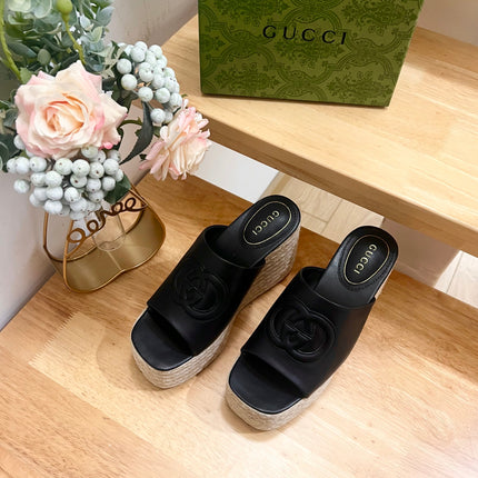 HIGH 10CM WEDGE SANDALS IN BLACK SHEEPSKIN