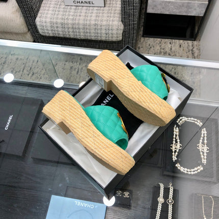 THICK SOLE WEDGE SLIPPERS IN PERSIAN GREEN LAMBSKIN AND BEIGE RUBBER