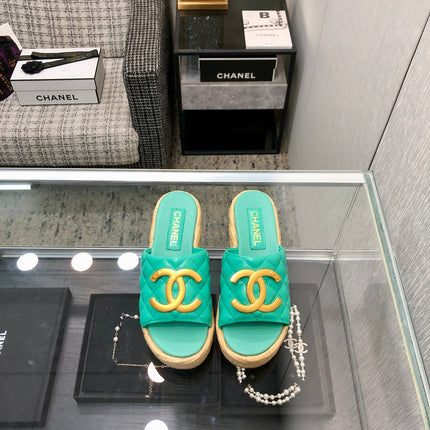 THICK SOLE WEDGE SLIPPERS IN PERSIAN GREEN LAMBSKIN AND BEIGE RUBBER