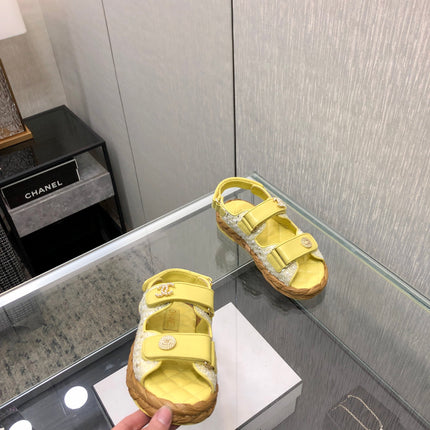 VELCRO SANDALS IN LIGHT YELLOW LAMBSKIN AND TWEED FABRIC
