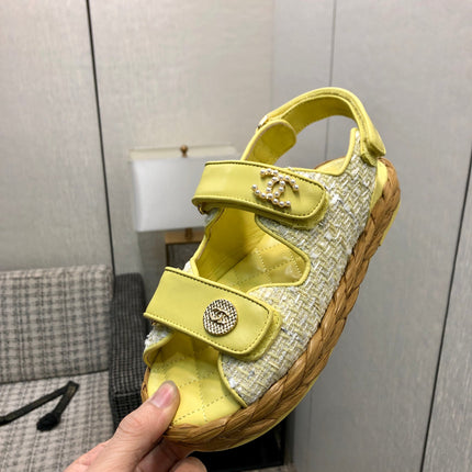 VELCRO SANDALS IN LIGHT YELLOW LAMBSKIN AND TWEED FABRIC