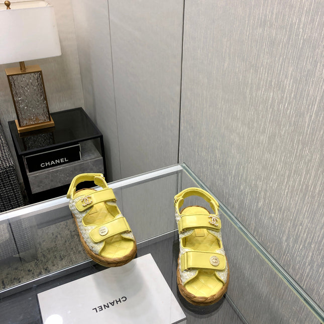 VELCRO SANDALS IN LIGHT YELLOW LAMBSKIN AND TWEED FABRIC