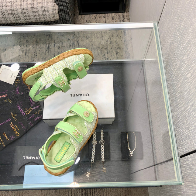 VELCRO SANDALS IN GREEN PASTEL LAMBSKIN AND TWEED FABRIC