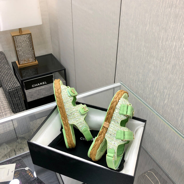 VELCRO SANDALS IN GREEN PASTEL LAMBSKIN AND TWEED FABRIC