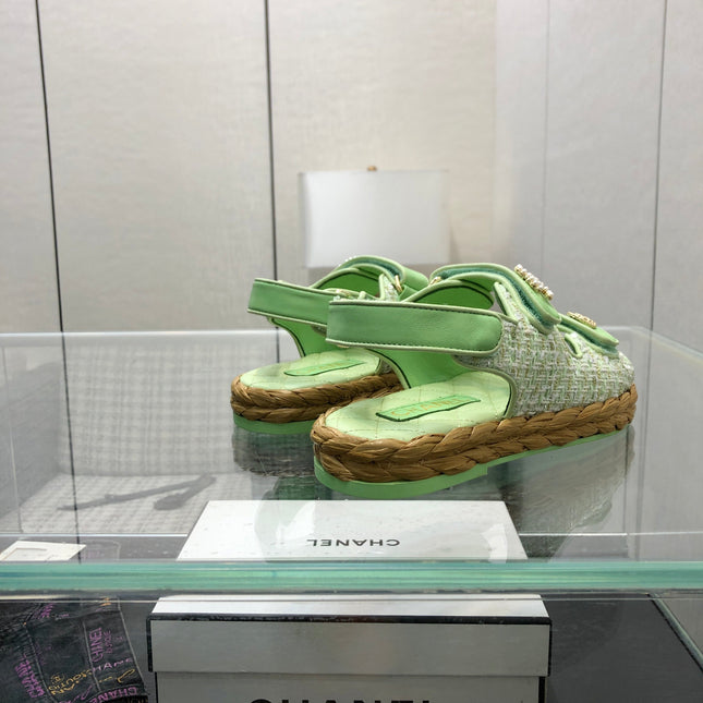 VELCRO SANDALS IN GREEN PASTEL LAMBSKIN AND TWEED FABRIC