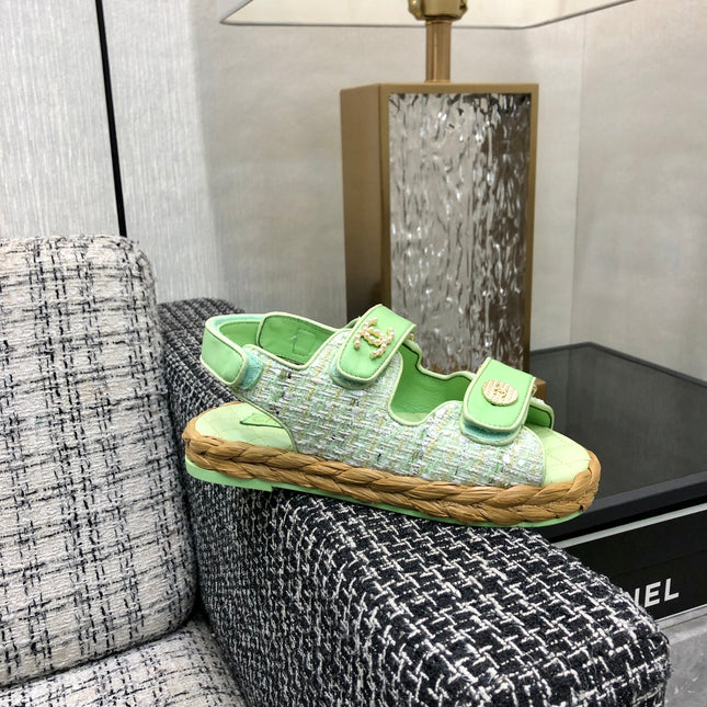 VELCRO SANDALS IN GREEN PASTEL LAMBSKIN AND TWEED FABRIC